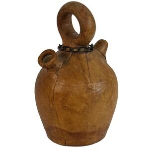 Vintage Spanish Leather Wrapped Costrel Jug Raymon Spain Pilgrim Flask 8.5"